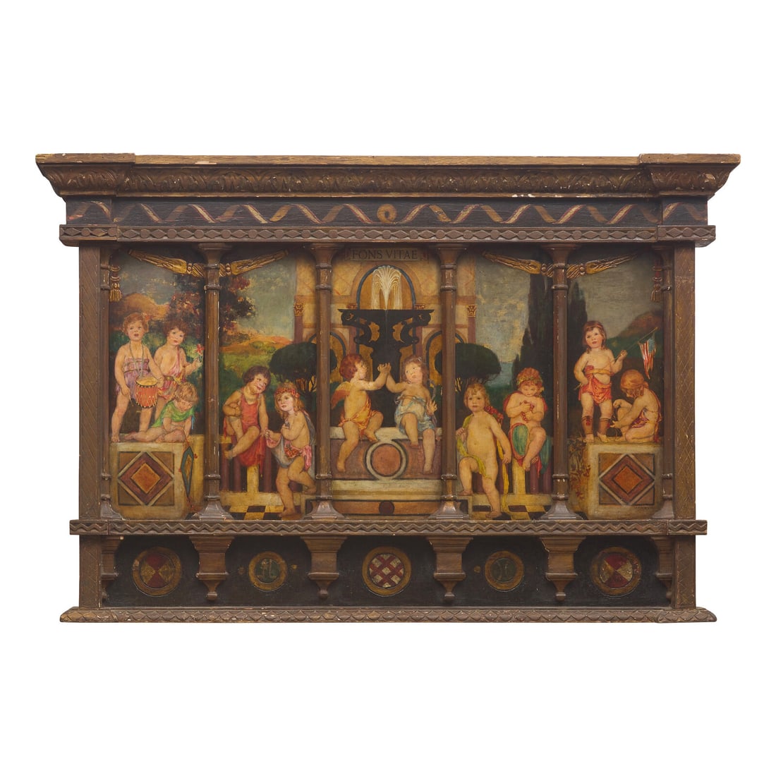 Louise Howland King Cox (American, 1865-1945) Fons Vitae (Fountain of Life), 1918: Louise Howland King Cox (American, 1865-1945) Fons Vitae (Fountain of Life), 1918 oil on panel titled (top center); dated in Roman numerals (lower right) overall: 39 1/4 x 58 3/4 x 5 inches. This lot