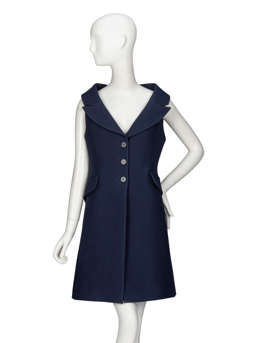 Christian Dior by Maria Grazia Chiuri, Tailored Long Gilet: Christian Dior by Maria Grazia Chiuri, Tailored Long Gilet Tailored long gilet in navy wool/silk-blend twill. Wide V neckline/portrait collar; with wide notched & peaked lapels. Waisted silhouette