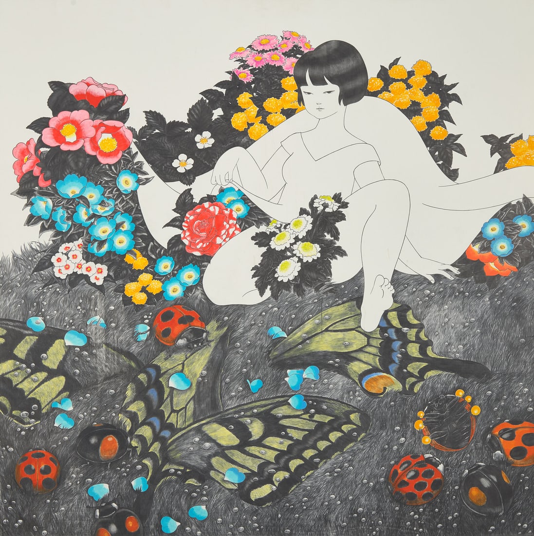 Akino Kondoh (Japanese, b. 1980) Overflowing Flowers No. 2, 2004: Akino Kondoh (Japanese, b. 1980) Overflowing Flowers No. 2, 2004 pencil and acrylic on gesso, mounted on canvas signed (in Japanese), titled twice (one in Japanese) and dated (verso) 27 5/8 x 27 5/8 i