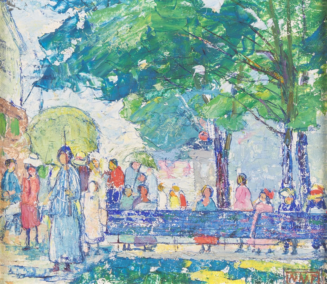 Nancy Ferguson (American, 1869-1967) Park Benches: Nancy Ferguson (American, 1869-1967) Park Benches oil on board initialed NMF (lower right) 10 x 11 1/2 inches. This lot is located in Philadelphia. Provenance: Private Collection, Pennsylvania