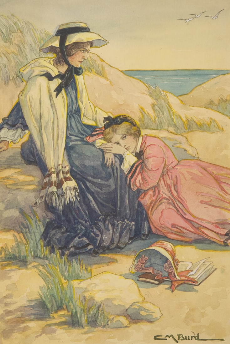 Clara Miller Burd (American, 1873-1933) Little Women, Beth Lay on the Warm Rocks with her Head in: Clara Miller Burd (American, 1873-1933) Little Women, Beth Lay on the Warm Rocks with her Head in Jo’s Lap, 1926 watercolor and gouache on illustration board signed CM Burd (lower right); inscri