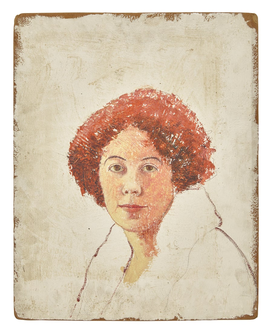 Emma Fordyce MacRae (American, 1887-1974) Self Portrait; with Gloucester Study Verso (A Double-Sided: Emma Fordyce MacRae (American, 1887-1974) Self Portrait; with Gloucester Study Verso (A Double-Sided Work) oil and pencil on board with 'The Estate of Emma Fordyce MacRae' stamp (verso) 20 x 16 inches