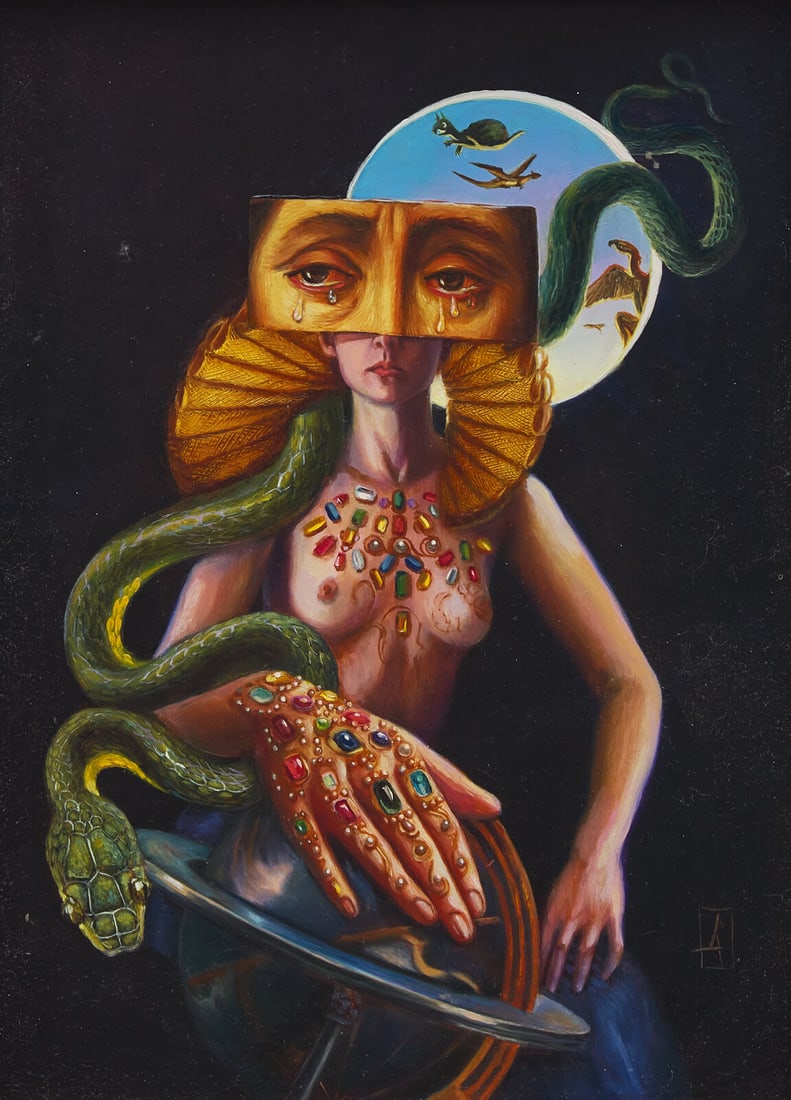 Carrie Ann Baade (American, b. 1974) Queen of Oblivion: Carrie Ann Baade (American, b. 1974) Queen of Oblivion oil on paper laid to board with the artist's monogram (lower right); titled and with an inscription (verso) 12 5/8 x 9 1/4 inches. This lot is lo