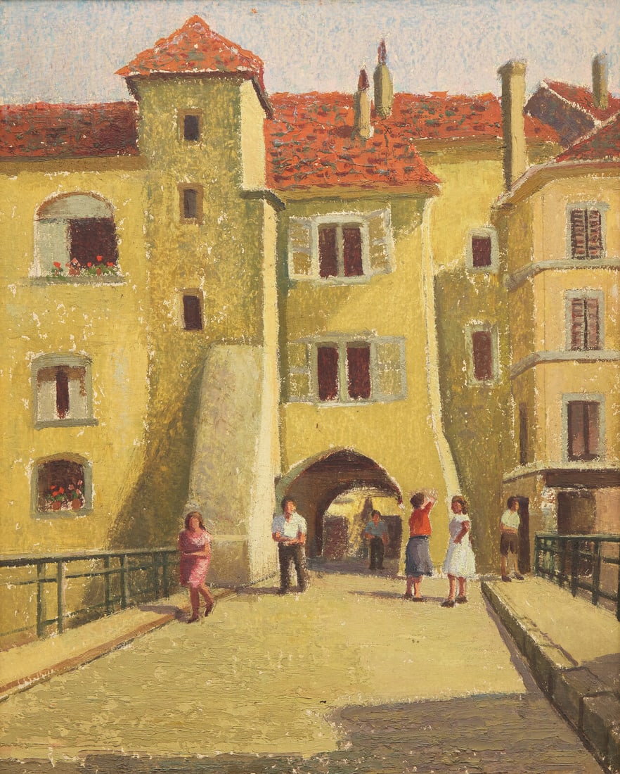 Emma Fordyce MacRae (American, 1887-1974) Switzerland: Emma Fordyce MacRae (American, 1887-1974) Switzerland oil on panel with various 'The Estate of Emma Fordyce MacRae' stamps (verso) 15 7/8 x 13 inches. This lot is located in Philadelphia. Housed in a