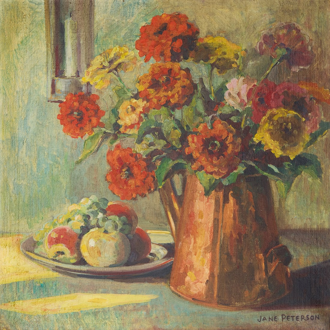 Jane Peterson (American, 1876-1965) Still Life with Zinnias: Jane Peterson (American, 1876-1965) Still Life with Zinnias oil on canvas signed JANE PETERSON (lower right) 22 x 22 inches. This lot is located in Philadelphia. Provenance: Green River Gallery, Mille