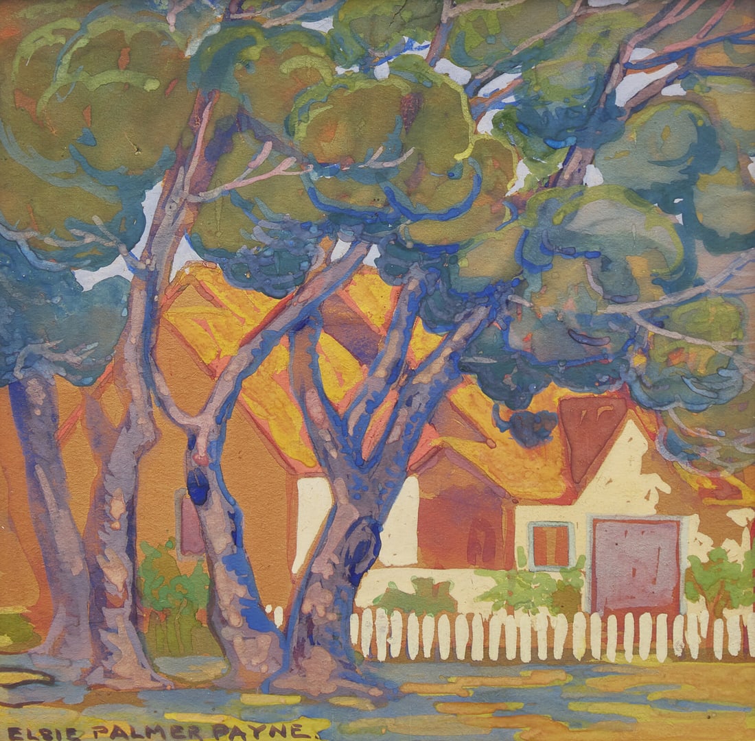 Elsie Palmer Payne (American, 1884-1971) California Cottage: Elsie Palmer Payne (American, 1884-1971) California Cottage gouache on paper laid to board signed Elsie Palmer Payne (lower left) 8 3/4 x 8 7/8 inches. This lot is located in Philadelphia. Provenance:
