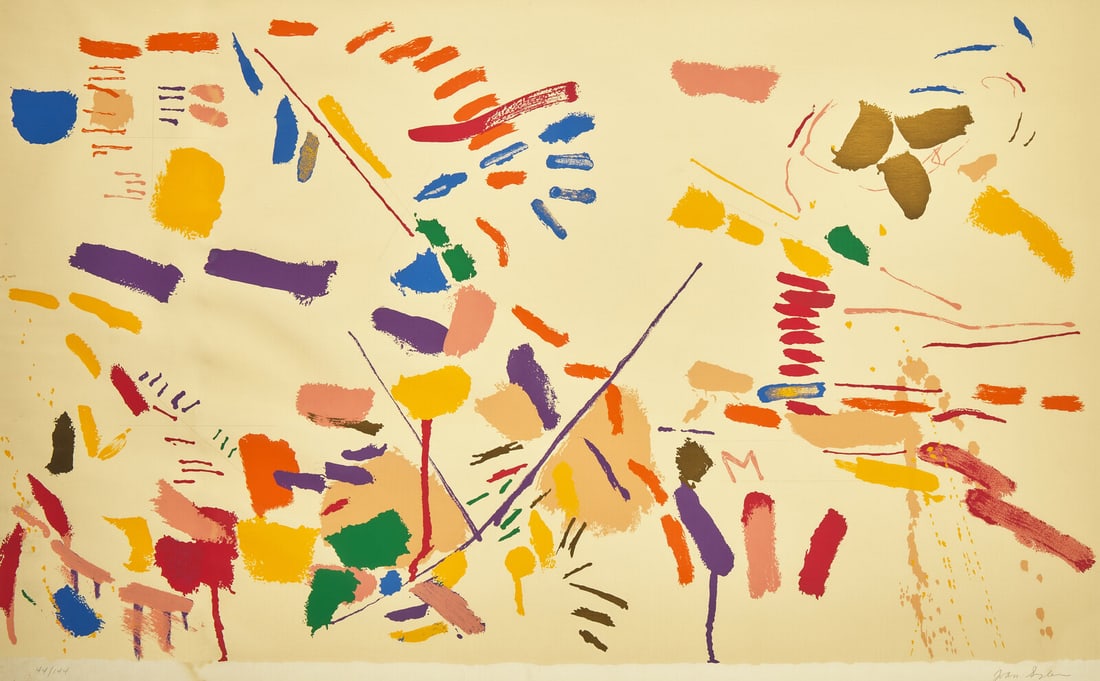 Joan Snyder (American, b. 1940) Screams/Whispers, 1972: Joan Snyder (American, b. 1940) Screams/Whispers, 1972 color screenprint with graphite additions signed and numbered 44/144 in pencil 36 x 60 inches. This lot is located in Philadelphia. Provenance: H