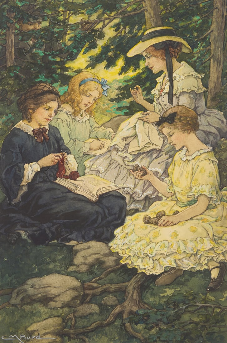 Clara Miller Burd (American, 1873-1933) Little Women, The Sisters Sat Together in a Shady Nook, 1926: Clara Miller Burd (American, 1873-1933) Little Women, The Sisters Sat Together in a Shady Nook, 1926 watercolor and gouache on illustration board signed CM Burd (lower left) 17 1/4 x 11 1/2 inches. Th