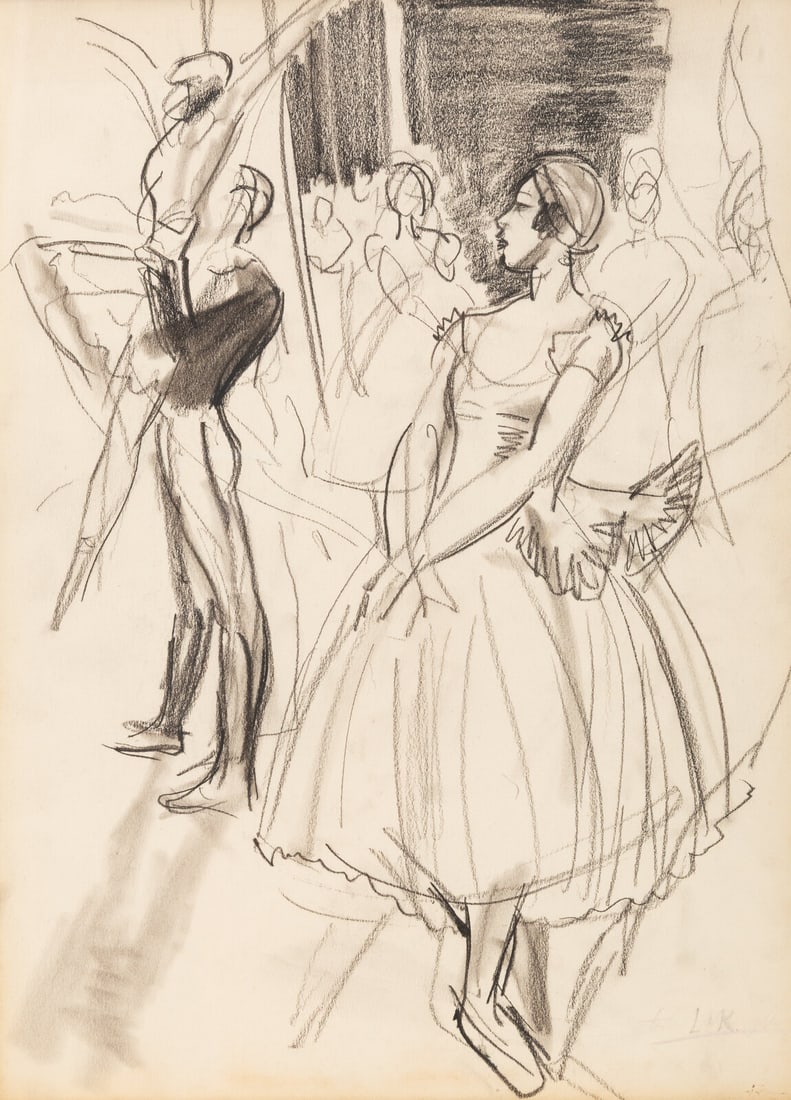 Dame Laura Knight (British, 1877-1970) Back Stage, Ballet: Dame Laura Knight (British, 1877-1970) Back Stage, Ballet charcoal on paper signed with initials L.K. (lower right) sheet size: 14 x 10 1/4 inches. This lot is located in Palm Beach. Provenance: Priva