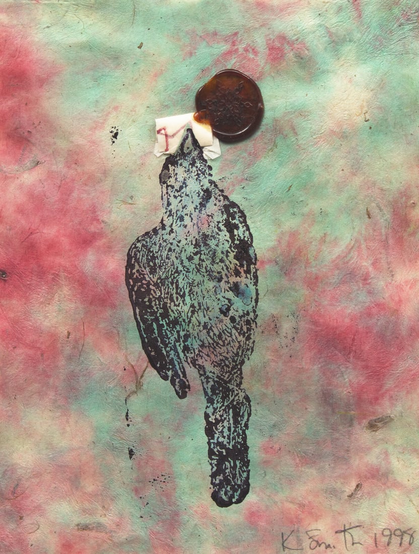 Kiki Smith (American, b. 1954) Untitled, 1998: Kiki Smith (American, b. 1954) Untitled, 1998 mixed media on paper signed K. Smith and dated (lower right) 8 3/4 x 7 1/4 inches. This lot is located in Philadelphia. Provenance: Rago Auctions, sale of