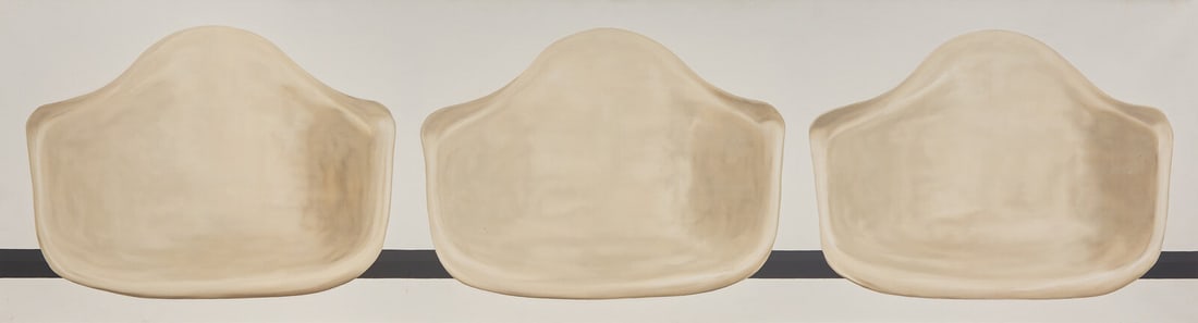 Doug Wada (American, b. 1964) Untitled (Eames Shells), 2002: Doug Wada (American, b. 1964) Untitled (Eames Shells), 2002 oil on linen signed DW, titled and dated (canvas overhang) 24 1/2 x 89 inches. From a Distinguished Private Collection, New York This lot is