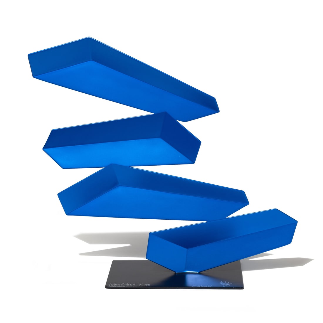 Rafael Barrios (American-Venezuelan, b. 1947) Vertical Dislocado, 1998: Rafael Barrios (American-Venezuelan, b. 1947) Vertical Dislocado, 1998 lacquered steel signed, titled, dated, and numbered 3/4 in ink 27 x 27 x 4 inches. This lot is located in Chicago. Provenance: Ac