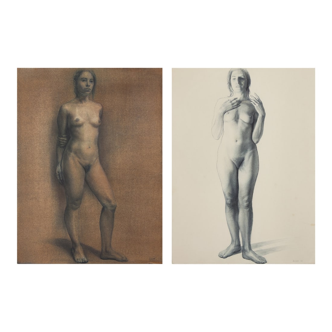 Steven Assael (American, b. 1957) Standing Nude (Annaluisa) and Standing Nude (With One Hand on: Steven Assael (American, b. 1957) Standing Nude (Annaluisa) and Standing Nude (With One Hand on Chest), A Pair, 1993 ink and mixed media on paper each signed Assael and dated (lower right) Largest: 13