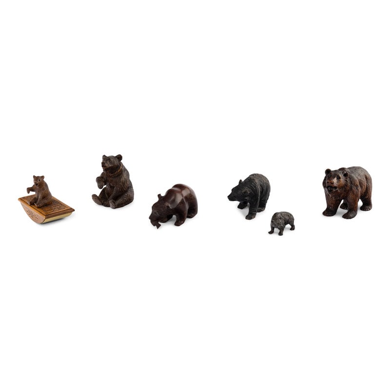A Group of Six Black Forest Carved Bears: A Group of Six Black Forest Carved Bears 19th Century includes three small Black Forest carved bears, a Black Forest carved ink blotter, a contemporary carved bear and an Austrian bronze bear.