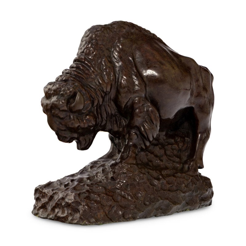 Deszo Lanyi (Hungarian, 1879-1951) Buffalo: Deszo Lanyi(Hungarian, 1879-1951)BuffaloBronzesigned Deszo Lanyi and copyrighted at base Height 7 1/4 x length 7 inches. From an Old Hollywood Family This lot is located in Chicago. SizeHeight 7 1/4