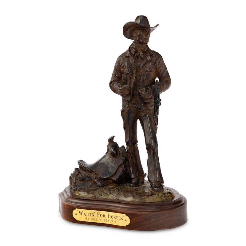 Bill Nebeker (American, 20th Century) Waitin for Horses: Bill Nebeker(American, 20th Century)Waitin for HorsesBronzesigned Bill Nebeker, copyrighted, dated 1990 and numbered 17/30 Bronze height 9 1/2 x width 7 1/2 inches. From an Old Hollywood Family This