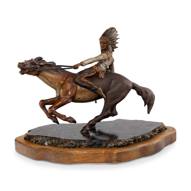 Attributed to Vic Payne (American, b. 1960) Chief on Horseback: Attributed to Vic Payne(American, b. 1960)Chief on HorsebackBronzeapparently unsigned Bronze height 6 1/4 x length 8 1/2 inches. From an Old Hollywood Family This lot is located in Chicago.