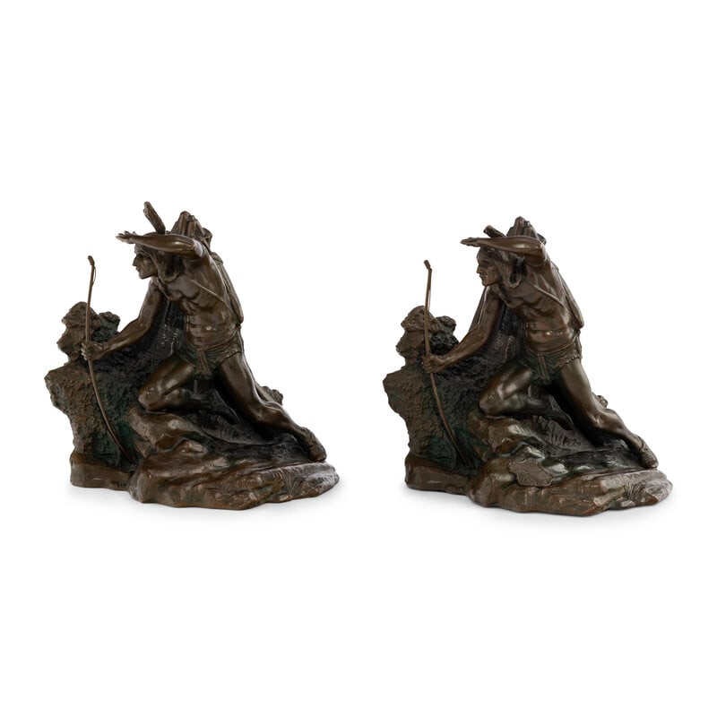 A Pair of Jennings Brothers Bronzed Indian Bookends, Prospect Point, Niagara : A Pair of Jennings Brothers Bronzed Indian Bookends, Prospect Point, Niagara 19th Century Height 7 1/8 x width 7 1/4 inches. From an Old Hollywood Family This lot is located in Chicago. 