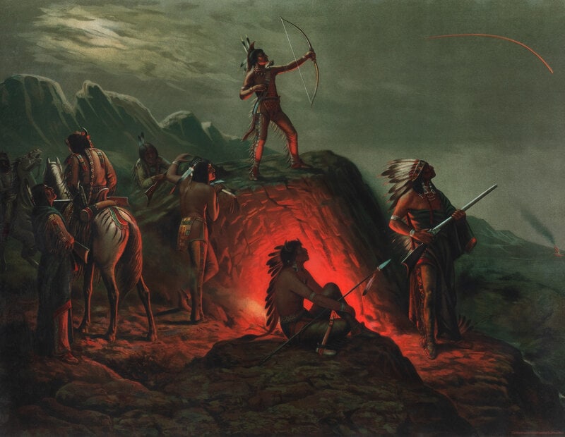 Taber Prang Art Co., The Burning Arrow, 1904: Taber Prang Art Co., The Burning Arrow, 1904 chromolithograph in original oak frame, featuring carved pistol and knife in crossed formation with arrows, with stylized tacks flanking the sides. Frame