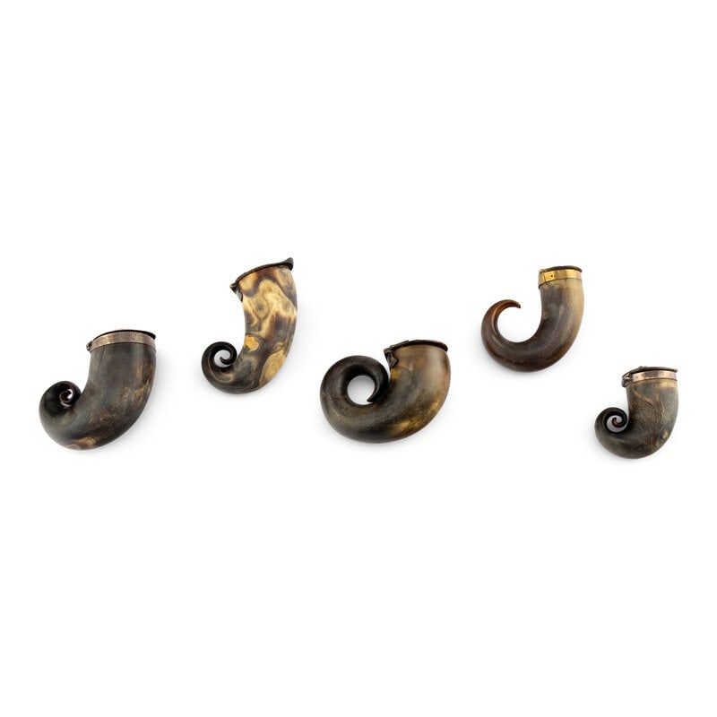 A Group of Five Scottish Horn Snuff Mulls: A Group of Five Scottish Horn Snuff Mulls featuring one with a brass band and hinge. The other four feature silver bands and hinges, with one featuring engraved initials W.C., and one engraved