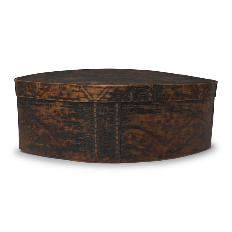 A Mi'kmaq Painted Bentwood Box: A Mi'kmaq Painted Bentwood Box 18th Century with painted design on exterior. Height 6 1/4 x width 17 x 10 1/8 inches. The Ronny and Doris Smithee Collection,