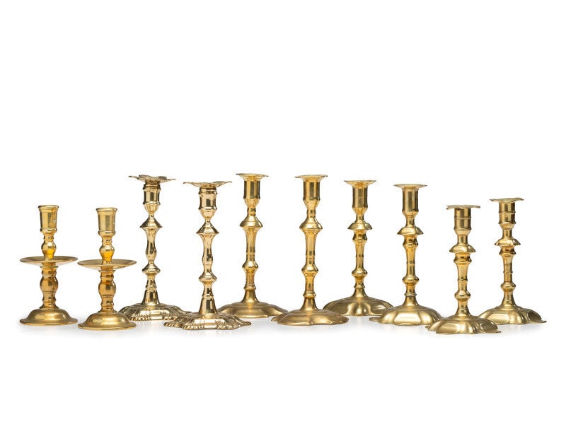 Five Pairs of English Cast Brass Candlesticks: Five Pairs of English Cast Brass CandlesticksSecond Half 18th Century Height of tallest 8 3/4 inches. This lot is located in Cincinnati. 