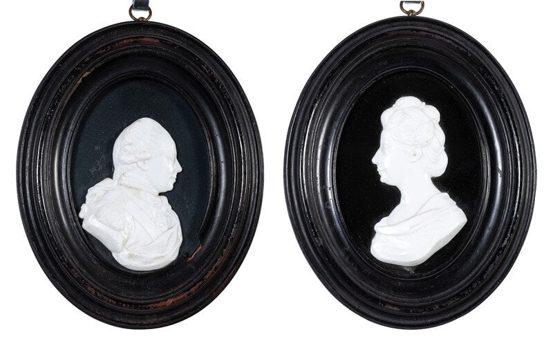 Two English White Paste Silhouette Bust Portraits of a Lady and a Gentleman: Two English White Paste Silhouette Bust Portraits of a Lady and a Gentleman19th Century 3 7/8 x 2 inches (larger). This lot is located in Cincinnati. ConditionFramed: 7 x 5 1/2 inches.
