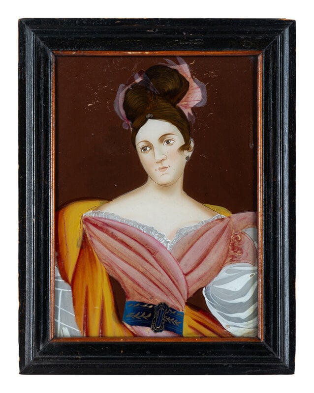 A Chinese Export Reverse Painted Glass Portrait of a Young Lady: A Chinese Export Reverse Painted Glass Portrait of a Young Lady Circa 1830 9 1/2 x 6 3/4 inches. This lot is located in Cincinnati. ConditionFramed: 12 x 9 3/8 inches.