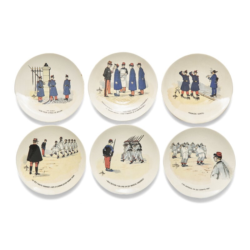 A Group of Six Sarreguemines Ceramic Plates : A Group of Six Sarreguemines Ceramic Plates Designed by Albert Guillaume, Late 19th/Early 20th Century From the "Mon Regiment" series. 8 3/4” diameter Property from the Collection of