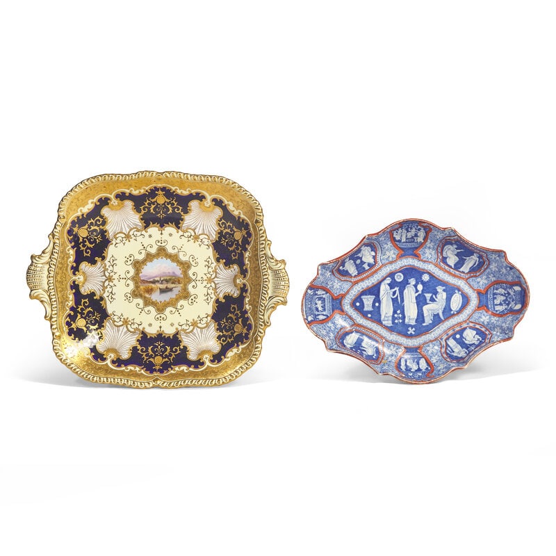 Two English Porcelain Tablewares: Two English Porcelain Tablewares 19th Century Comprising: A Spode Greek Pattern Serving Dish, First Quarter 19th Century A Coalport Porcelain Painted and Parcel-Gilt Handled Tray, Late 19th Century 9