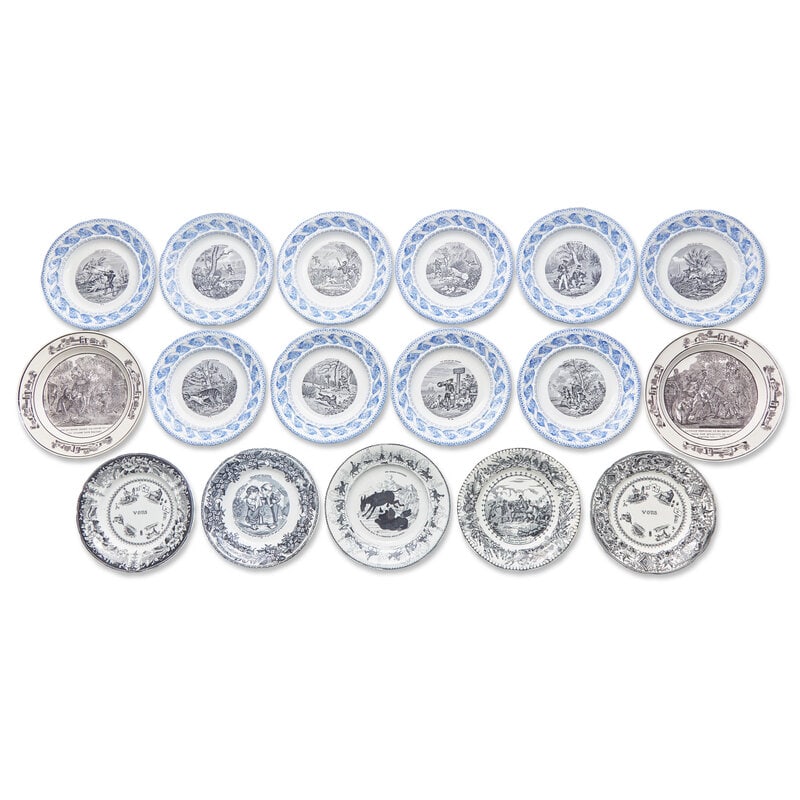 A Group of Continental Transferware Plates: A Group of Continental Transferware Plates 19th Century Comprising: A Pair of Montereau Transferware Plates, 19th Century A Group of Five H&B Transferware Ceramic Plates, De Choisy, 19th Century