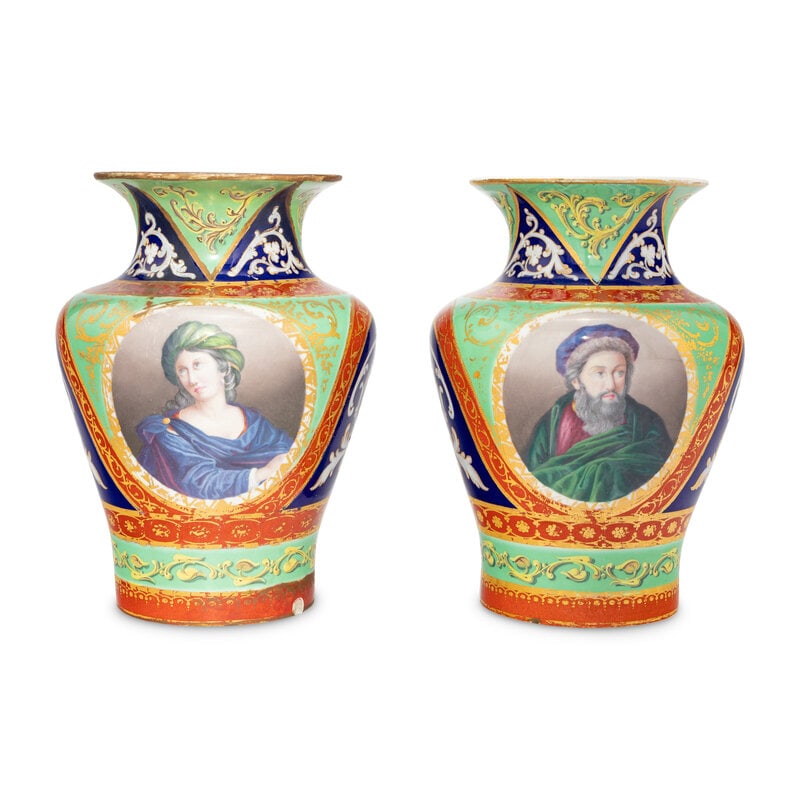 A Pair of Hand-Painted and Parcel-Gilt Porcelain Vases: A Pair of Hand-Painted and Parcel-Gilt Porcelain Vases Late 19th Century With spurious Sevres interlaced Ls mark enclosing GI. Height 12 1/2 inches. Property of a California Collector This lot