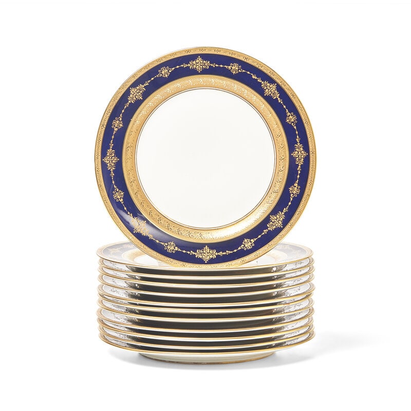 A Set of Twelve Limoges Cobalt Ground Parcel Gilt Dinner Plates: A Set of Twelve Limoges Cobalt Ground Parcel Gilt Dinner Plates 20th Century Property from the Collection of Phyllis and Fred Pressman This lot is located in Philadelphia. 