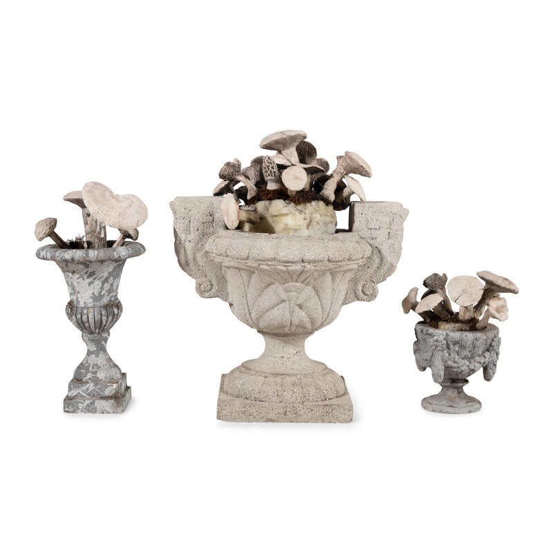 A Neoclassical Style Cast Stone Urn : A Neoclassical Style Cast Stone Urn 20th Century together with two composition urns, all filled with faux fungi; 3 items total. Height of tallest urn 17 inches. Property of a California Collector