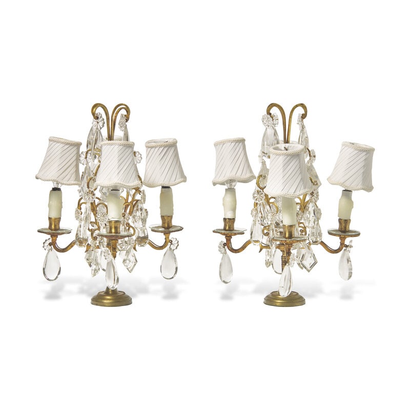 A Pair of Gilt-Metal and Pressed-Glass Four-Light Candelabra-Form Lamps (1 of 2)
