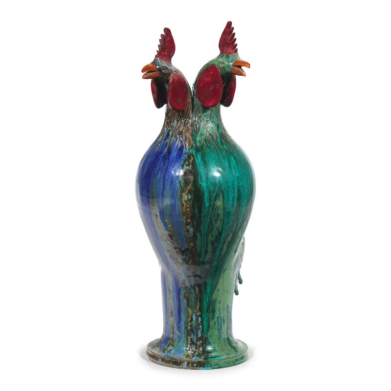 Charlie West, A Glazed Stoneware Work: Two Headed Rooster: Charlie West, A Glazed Stoneware Work: Two Headed Rooster Gillsville, Georgia, Late 20th Century signed to rear base. Height 19 1/4 x width 12 x depth 6 inches. Property from an Atlanta