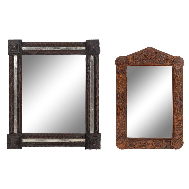 Two Tramp Art Mirrors: Two Tramp Art Mirrors Late 19th/Early 20th CenturyHeight 28 1/4 x width 24 3/4 inches. Property of a California Collector This lot is located in Chicago. SizeHeight 28 1/4 x width 24 3/4 inches.