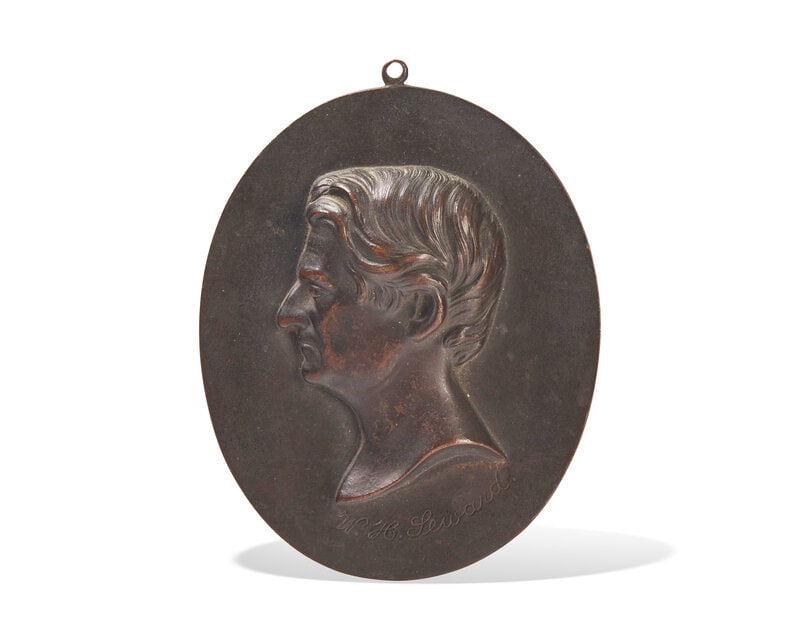 American School 19th Century, A Cast Bronze Profile Portrait of William H. Seward (1801-1872): American School 19th Century, A Cast Bronze Profile Portrait of William H. Seward (1801-1872) Circa 1900 incised, "W.H. Seward", accompanied by oval wood frame 5 x 4 inches (not including loop). 