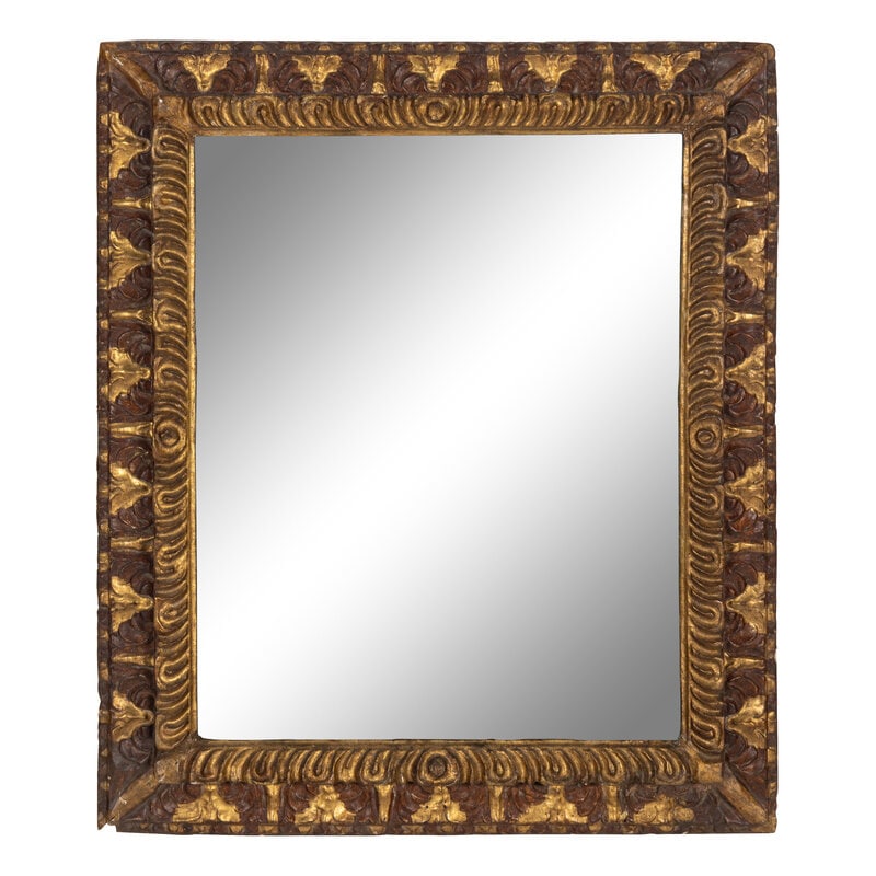 A Spanish Baroque Style Parcel Gilt and Paint Decorated Mirror: A Spanish Baroque Style Parcel Gilt and Paint Decorated Mirror Second Half 19th Century 36 3/4 x 32 1/2 inches. Property of a California Collector This lot is located in C