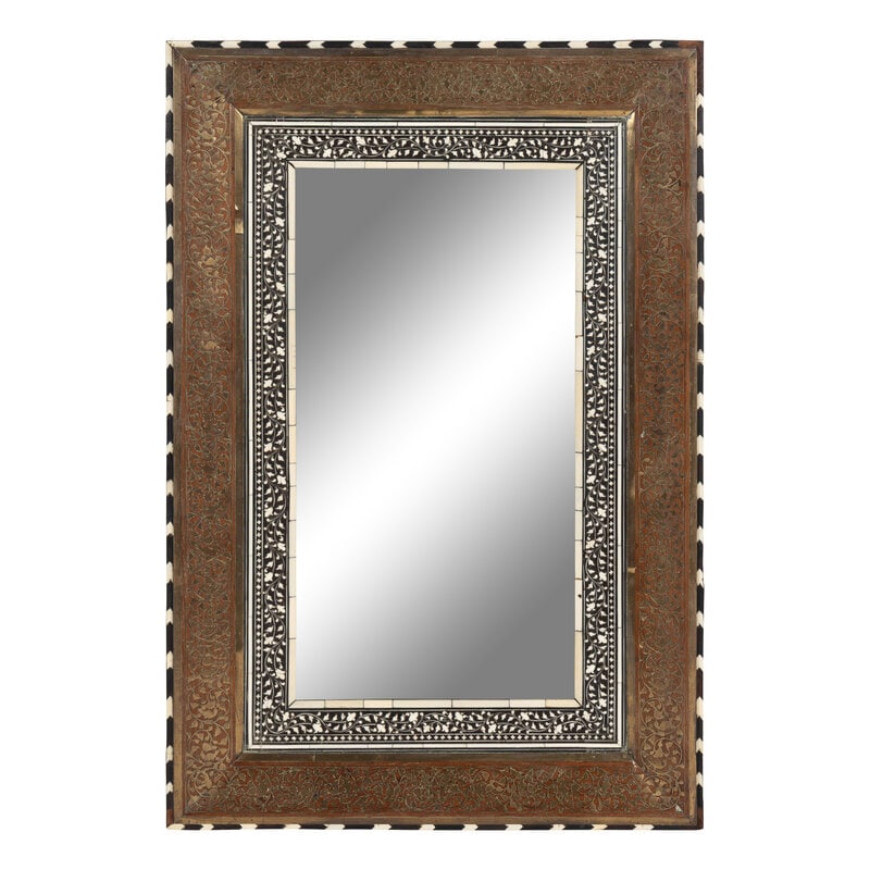 An Anglo-Indian Cut Brass and Bone Inlaid Hardwood Mirror: An Anglo-Indian Cut Brass and Bone Inlaid Hardwood Mirror Late 19th/Early 20th Century Height 32 x width 21 1/2 inches. Property of a California Collector This lot is loca