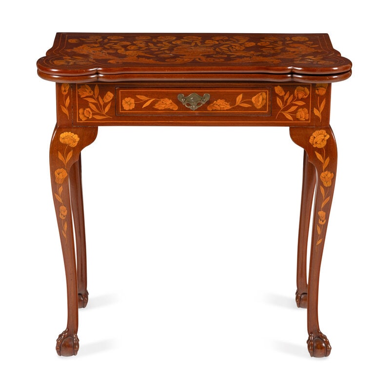 A Dutch Mahogany and Marquetry Card Table : A Dutch Mahogany and Marquetry Card Table 19th century Height 30 x width 29 1/4 x depth (closed) 14 inches. Property of a California Collector This lot is located in Chic