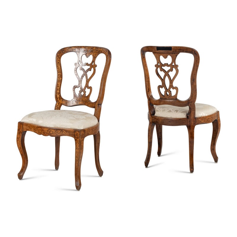 A Pair of Dutch Rococo Marquetry and Walnut Side Chairs - 2