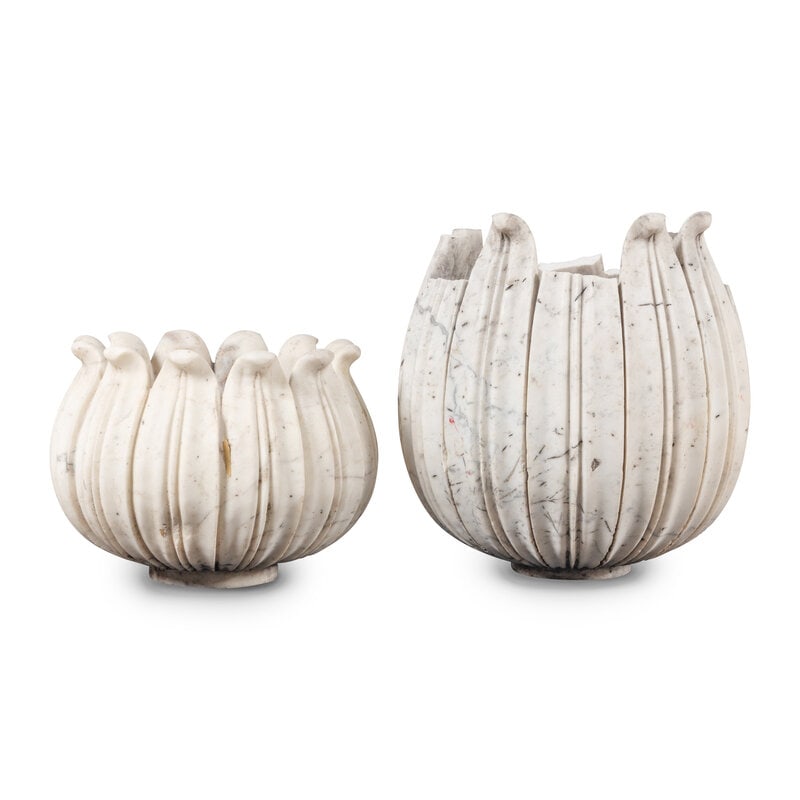 Two Carved Marble Jardinières: Two Carved Marble Jardinières 20th Century one with multiple broken segments. Height of tallest 19 1/4 inches. Property of a California Collector This lot is located in Chicago. SizeHeight of