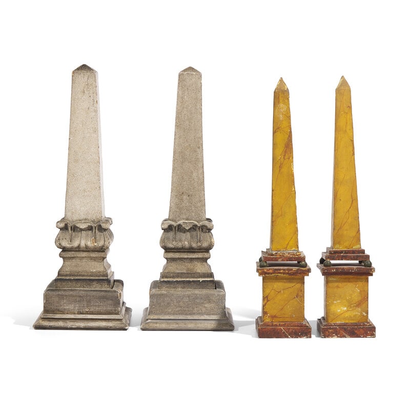 Two Pairs of Painted Obelisks: Two Pairs of Painted Obelisks 19th Century, on later stands comprising a pair of grey painted terracotta obelisks and a pair of tole faux marble painted obelisks. 20 1/4” x 7 1/4”