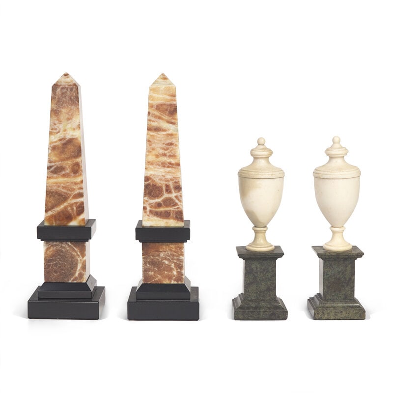 A Pair of Continental Onyx Obelisks and a Pair of English Marble Urn Ornaments: A Pair of Continental Onyx Obelisks and a Pair of English Marble Urn Ornaments 19th Century 16” x 4 3/4” (Obelisks) Property from a private collection, Philadelphia, Penns