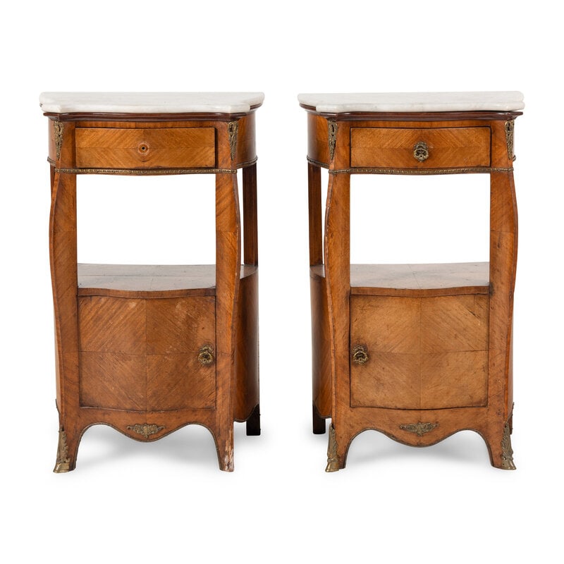 A Pair of Louis XV Style Marble Top Mahogany Side Cabinets : A Pair of Louis XV Style Marble Top Mahogany Side Cabinets Late 19th/early 20th centuryHeight 34 x width 17 1/2 x depth 13 3/4 inches. Property of a California Collector This lot is located in