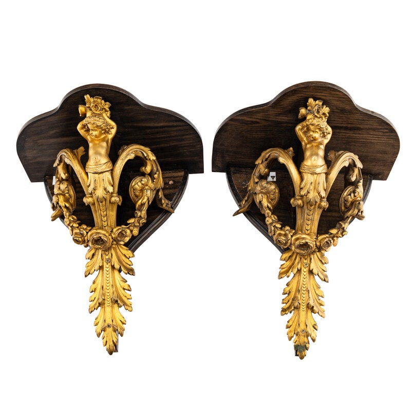 A Pair of French Gilt Bronze and Hardwood Wall Brackets: A Pair of French Gilt Bronze and Hardwood Wall Brackets Height 18 x width 16 x depth 11 inches. Property of a California Collector This lot is located in Chicago. 