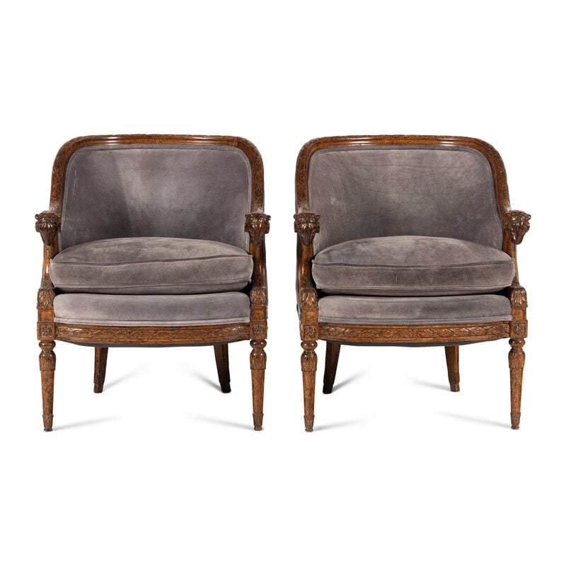 A Pair of Directoire Style Carved Walnut Tub Armchairs: A Pair of Directoire Style Carved Walnut Tub Armchairs Second Half 20th CenturyHeight 32 1/2 x width 27 1/2 x depth of seat 22 inches. Property of a California Collector This lot is located in