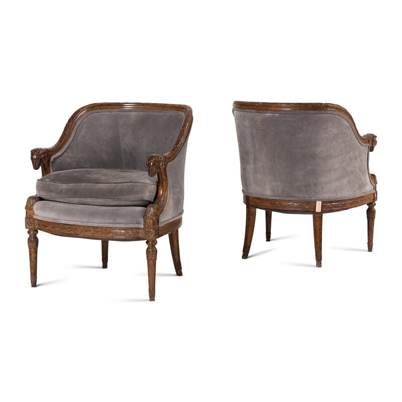 A Pair of Directoire Style Carved Walnut Tub Armchairs - 2