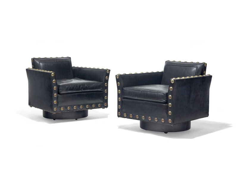 Siebe Baker 20th Century Pair of Revolving Vinyl Club Chairs, c. 1960: Siebe Baker20th CenturyPair of Revolving Vinyl Club Chairs, c. 1960vinyl, woodBaker tags to decking under cushions 27 h × 29 ¾ w × 28 ¼ d in This lot is located in Philadelphia.